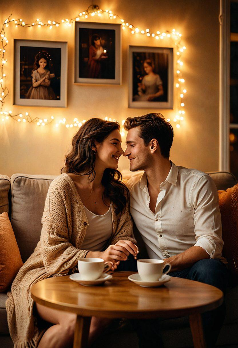 A warm, intimate scene of a couple sitting close together on a cozy couch, surrounded by soft, ambient lighting. They are engaged in deep conversation, with a gentle smile on their faces, symbolizing connection and understanding. Elements like a cup of steaming tea and cushions add to the cozy atmosphere. Background filled with delicate romantic decorations like fairy lights and framed pictures that enhance the sense of love. soft focus. warm colors. intimate setting.