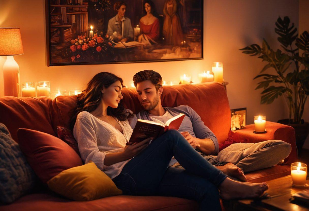 A cozy, dimly lit room with a couple sitting close together on a plush sofa, surrounded by books and candles, as they delve into a colorful book of sensual stories. Their faces show joy and intrigue, while hints of romantic decor like soft pillows and warm lighting create an inviting atmosphere. Vibrant colors enhance the emotions portrayed in the scene. super-realistic. warm tones. intimate setting.